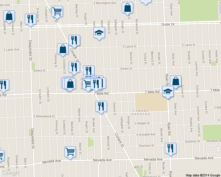 map of restaurants, bars, coffee shops, grocery stores, and more near 19131 Charest Street in Detroit