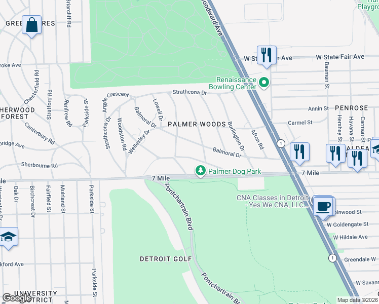map of restaurants, bars, coffee shops, grocery stores, and more near 1676 Lincolnshire Drive in Detroit