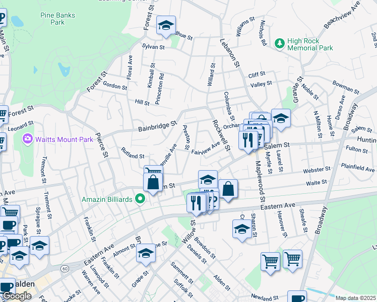 map of restaurants, bars, coffee shops, grocery stores, and more near 24-26 Fairview Avenue in Malden