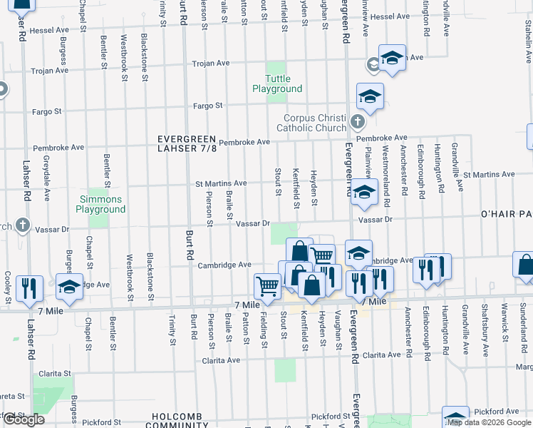 map of restaurants, bars, coffee shops, grocery stores, and more near 19424 Fielding Street in Detroit