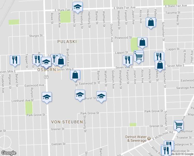 map of restaurants, bars, coffee shops, grocery stores, and more near 18941 Barlow Street in Detroit