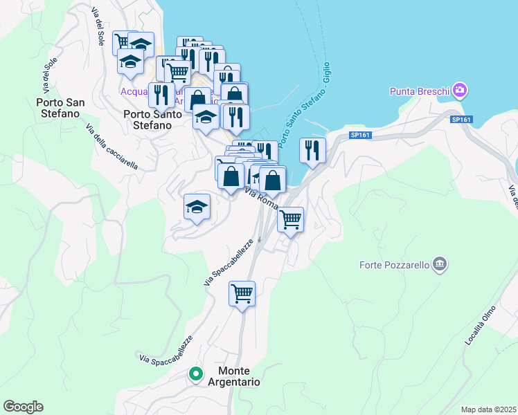 map of restaurants, bars, coffee shops, grocery stores, and more near 38 Via Spaccabellezze in Porto Santo Stefano