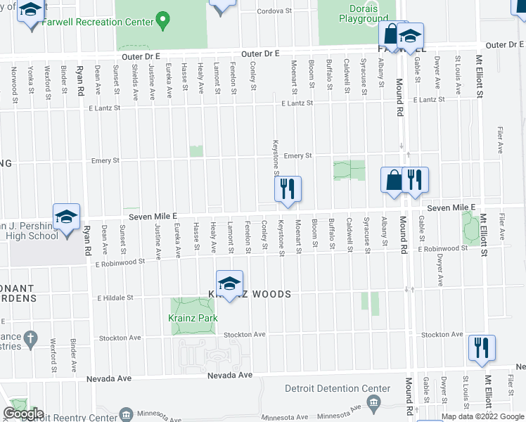 map of restaurants, bars, coffee shops, grocery stores, and more near 5113 E 7 Mile Rd in Detroit