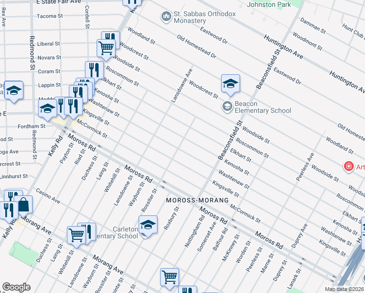 map of restaurants, bars, coffee shops, grocery stores, and more near 19323 Washtenaw Street in Harper Woods