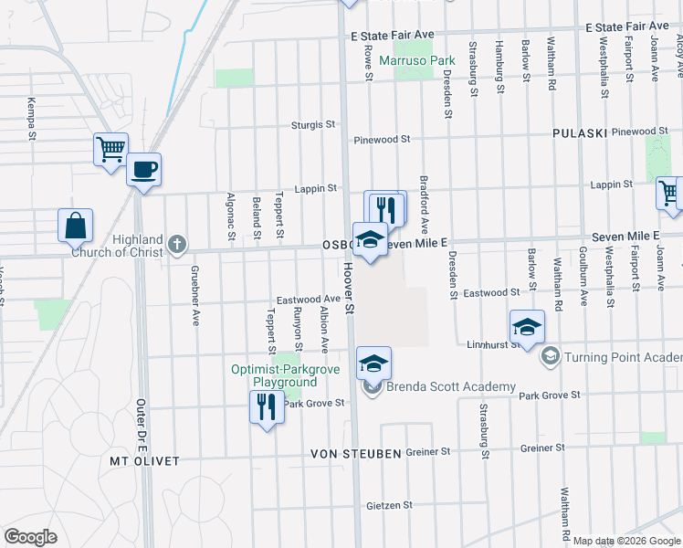 map of restaurants, bars, coffee shops, grocery stores, and more near 18949 Hoover Street in Detroit