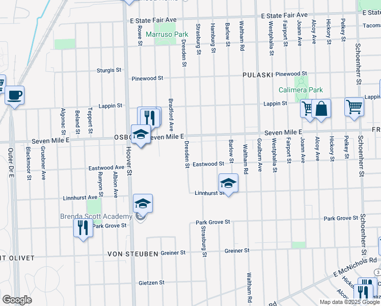map of restaurants, bars, coffee shops, grocery stores, and more near 18946 Dresden Street in Detroit