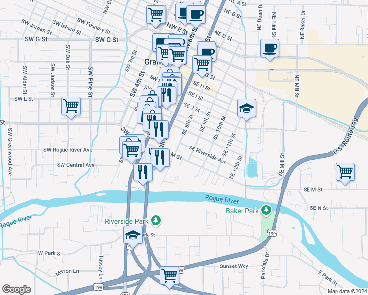 map of restaurants, bars, coffee shops, grocery stores, and more near 311 Southeast Riverside Avenue in Grants Pass