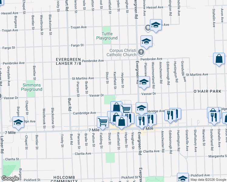 map of restaurants, bars, coffee shops, grocery stores, and more near 19423 Kentfield Street in Detroit
