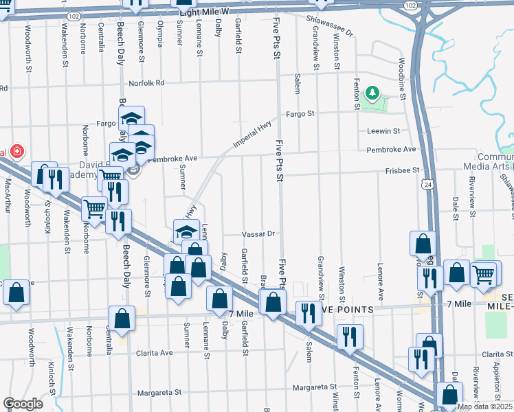 map of restaurants, bars, coffee shops, grocery stores, and more near 19497 Brady in Redford Charter Township