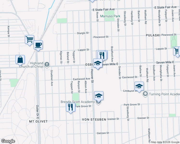 map of restaurants, bars, coffee shops, grocery stores, and more near 18960 Albion Avenue in Detroit