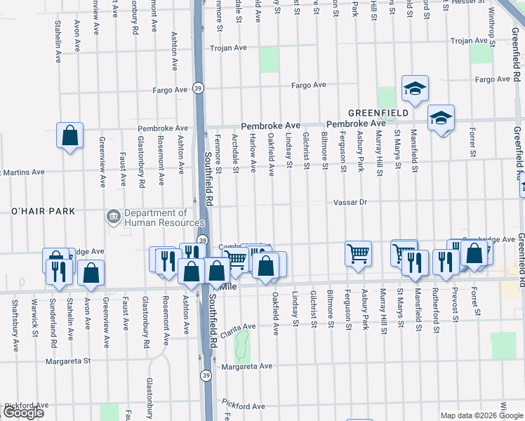 map of restaurants, bars, coffee shops, grocery stores, and more near 19373 Oakfield Avenue in Detroit