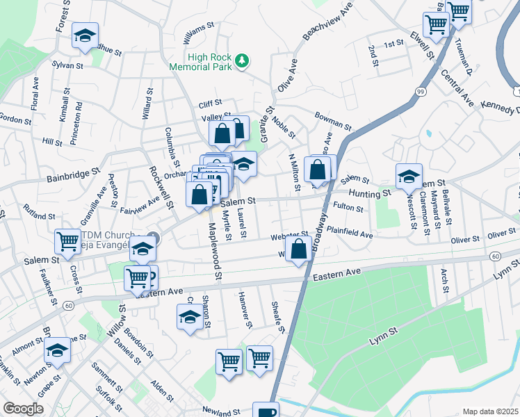 map of restaurants, bars, coffee shops, grocery stores, and more near 10 Spruce Street in Malden