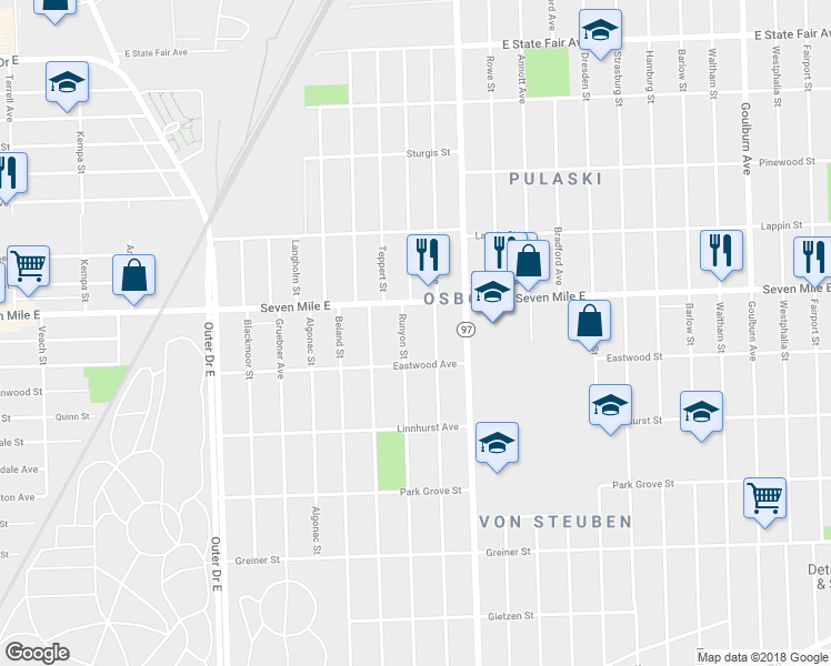 map of restaurants, bars, coffee shops, grocery stores, and more near 18960 Runyon Street in Detroit