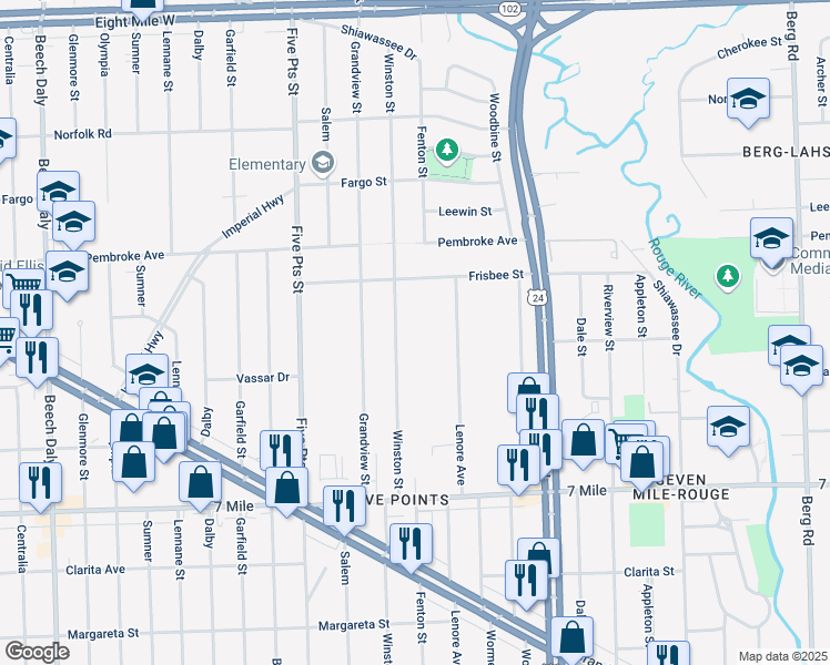 map of restaurants, bars, coffee shops, grocery stores, and more near 19440 Winston Street in Detroit