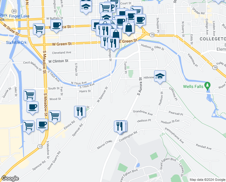 map of restaurants, bars, coffee shops, grocery stores, and more near 521 S Cayuga St in Ithaca
