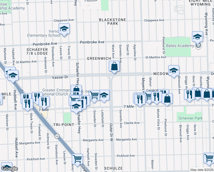 map of restaurants, bars, coffee shops, grocery stores, and more near 4780 Outer Drive West in Detroit