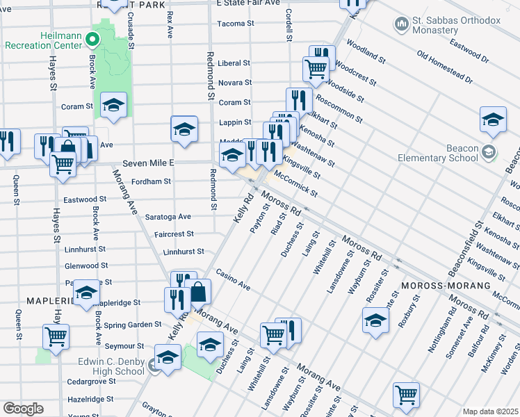 map of restaurants, bars, coffee shops, grocery stores, and more near 12945 Payton Street in Detroit