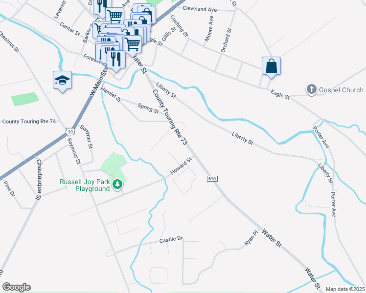map of restaurants, bars, coffee shops, grocery stores, and more near 204 Water Street in Fredonia
