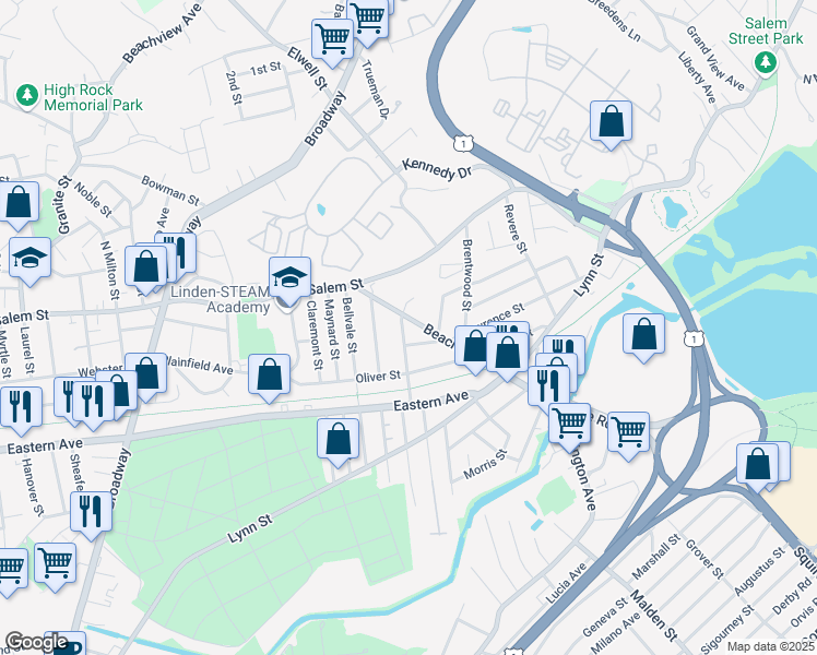 map of restaurants, bars, coffee shops, grocery stores, and more near 11 Clapp Street in Malden