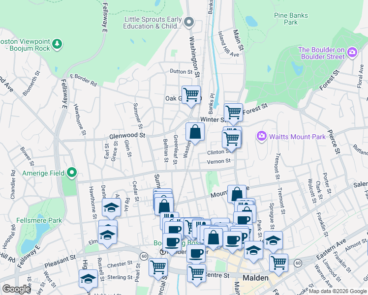 map of restaurants, bars, coffee shops, grocery stores, and more near 39 Greenleaf Street in Malden