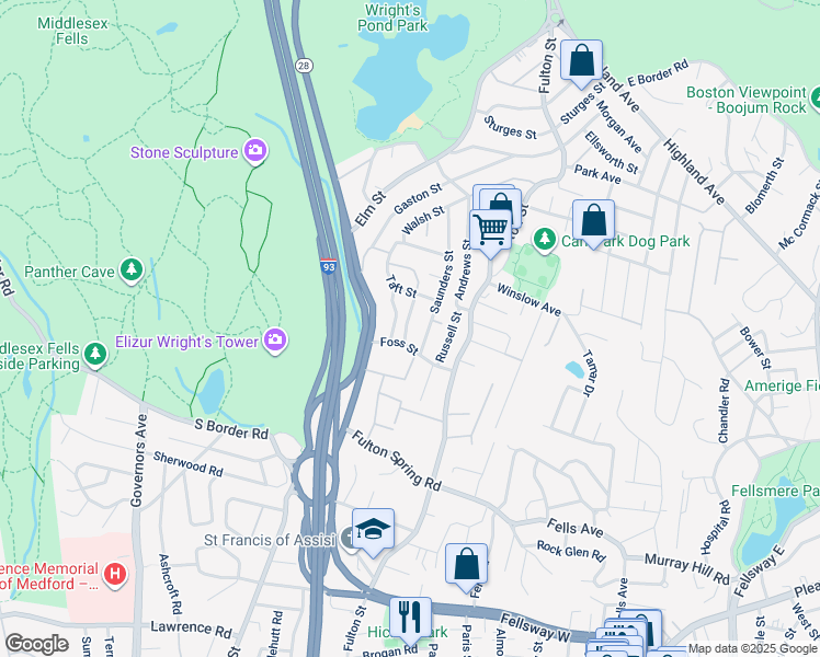 map of restaurants, bars, coffee shops, grocery stores, and more near 14 Draper Street in Medford