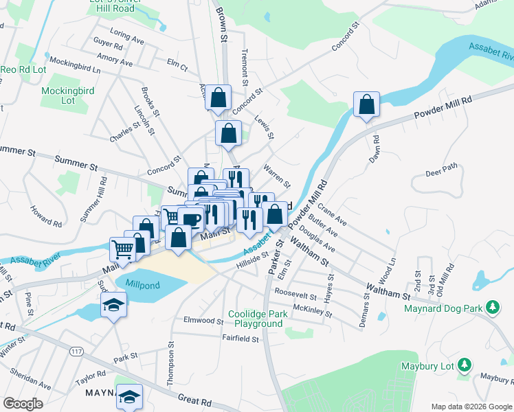 map of restaurants, bars, coffee shops, grocery stores, and more near 9A B Summer Street in Maynard