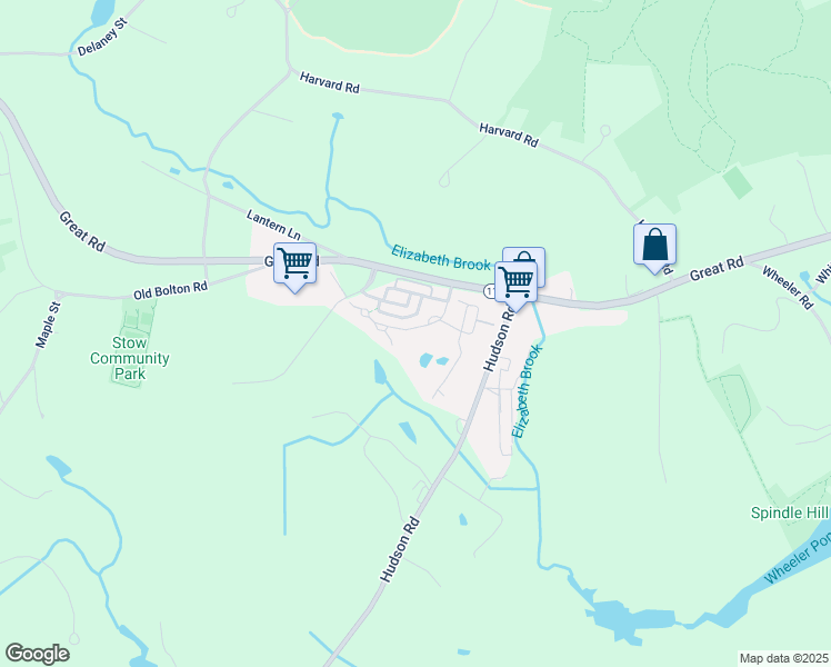map of restaurants, bars, coffee shops, grocery stores, and more near 30 Orchard Drive in Stow