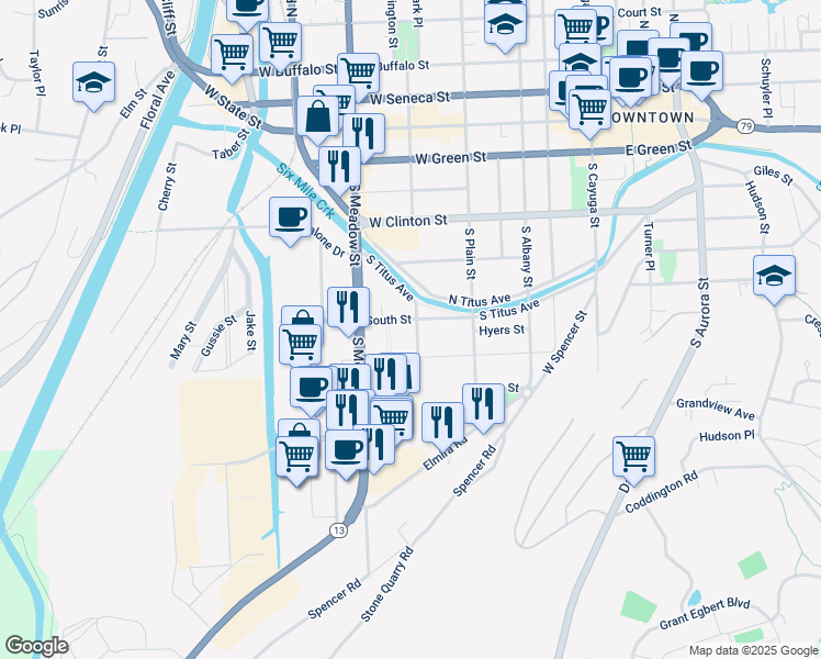map of restaurants, bars, coffee shops, grocery stores, and more near 204 Fair Street in Ithaca