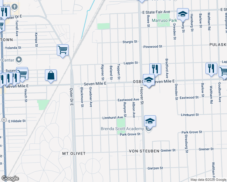 map of restaurants, bars, coffee shops, grocery stores, and more near 18971 Teppert Street in Detroit