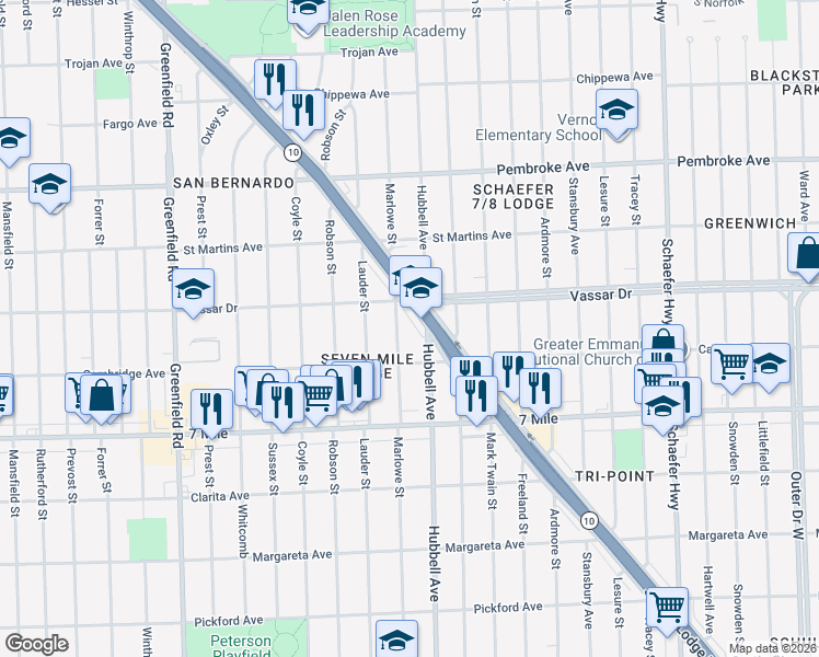 map of restaurants, bars, coffee shops, grocery stores, and more near 19347 Marlowe Street in Detroit