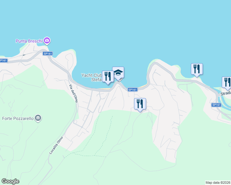 map of restaurants, bars, coffee shops, grocery stores, and more near 12A Via Costa degli Ulivi in Porto Santo Stefano