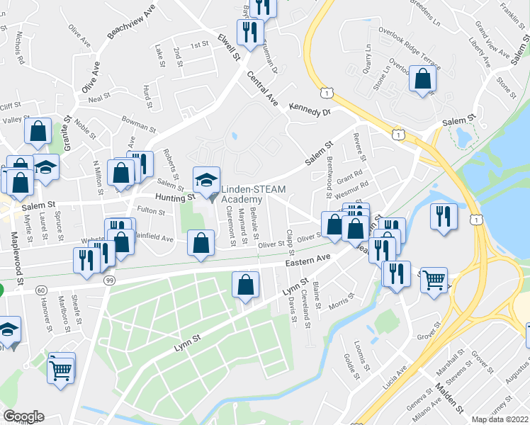 map of restaurants, bars, coffee shops, grocery stores, and more near 25 Springdale Street in Malden