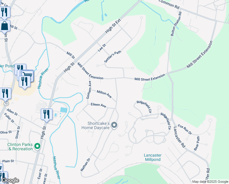 map of restaurants, bars, coffee shops, grocery stores, and more near 3 Woodruff Road in Clinton