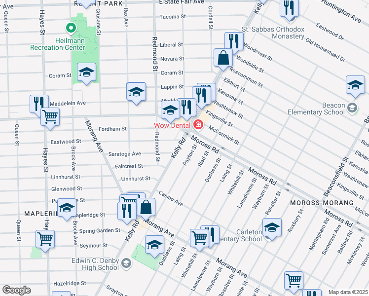 map of restaurants, bars, coffee shops, grocery stores, and more near 18838 Kelly Road in Detroit