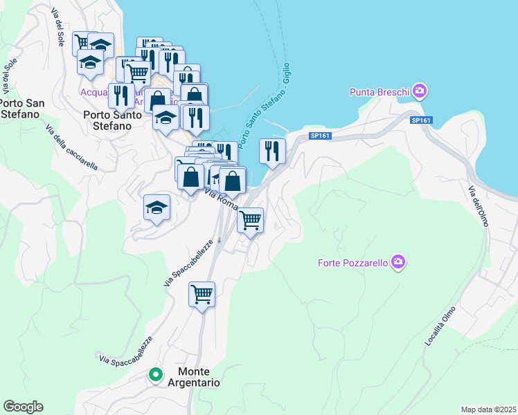 map of restaurants, bars, coffee shops, grocery stores, and more near 25A Via Sant'Andrea in Porto Santo Stefano