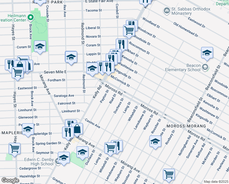 map of restaurants, bars, coffee shops, grocery stores, and more near 18644 Moross Road in Detroit