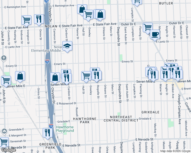 map of restaurants, bars, coffee shops, grocery stores, and more near in Detroit