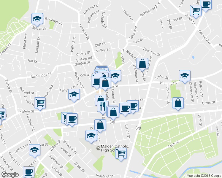 map of restaurants, bars, coffee shops, grocery stores, and more near 729 Salem Street in Malden