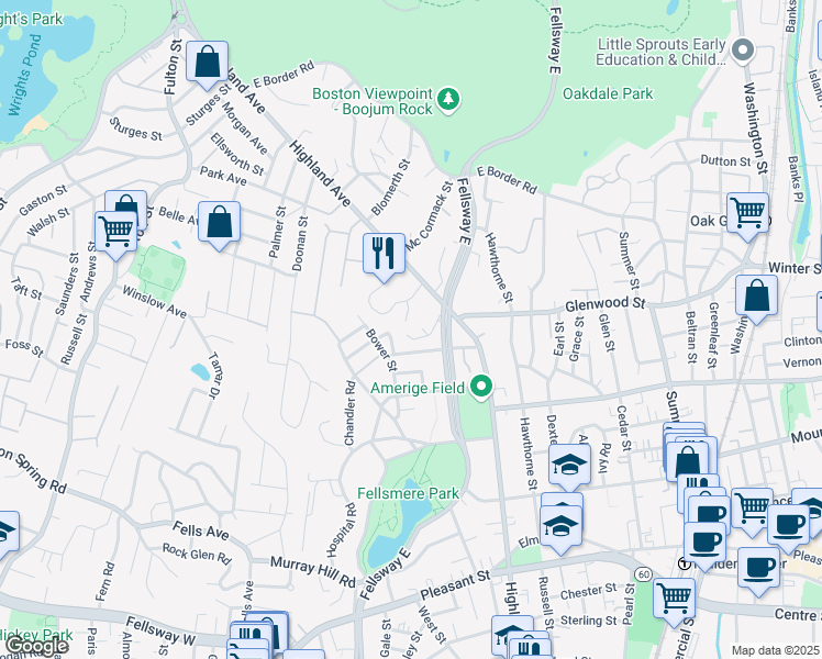 map of restaurants, bars, coffee shops, grocery stores, and more near 22 Timothy Lane in Malden