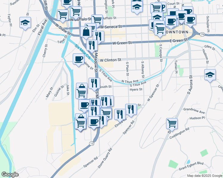 map of restaurants, bars, coffee shops, grocery stores, and more near 204 Fair Street in Ithaca