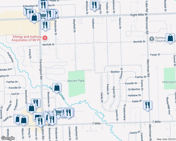 map of restaurants, bars, coffee shops, grocery stores, and more near 32501 Pembroke Street in Livonia