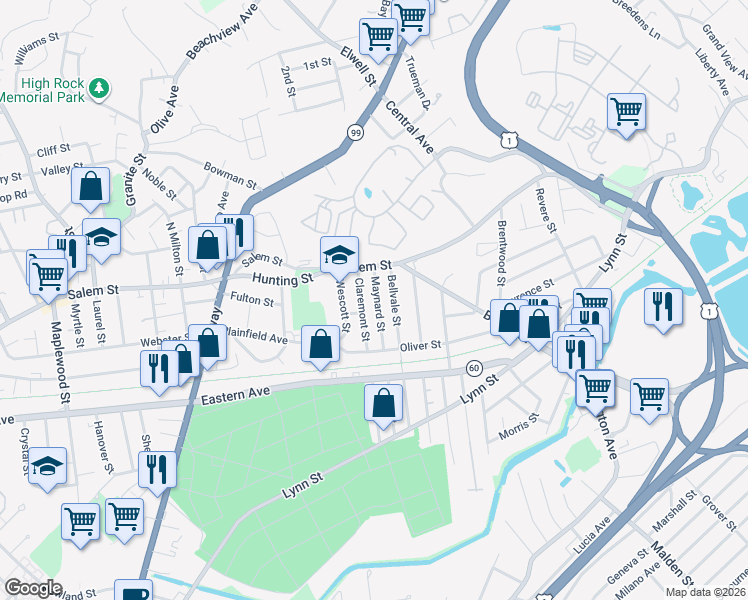 map of restaurants, bars, coffee shops, grocery stores, and more near 31 Maynard Street in Malden