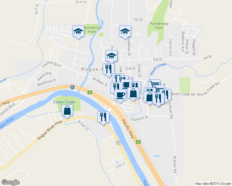 map of restaurants, bars, coffee shops, grocery stores, and more near 110 East Main Street in Rogue River