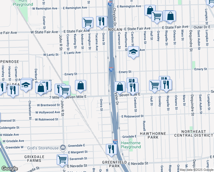 map of restaurants, bars, coffee shops, grocery stores, and more near 19172 Omira Street in Highland Park