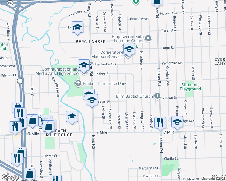 map of restaurants, bars, coffee shops, grocery stores, and more near 19470 Beaverland Street in Detroit