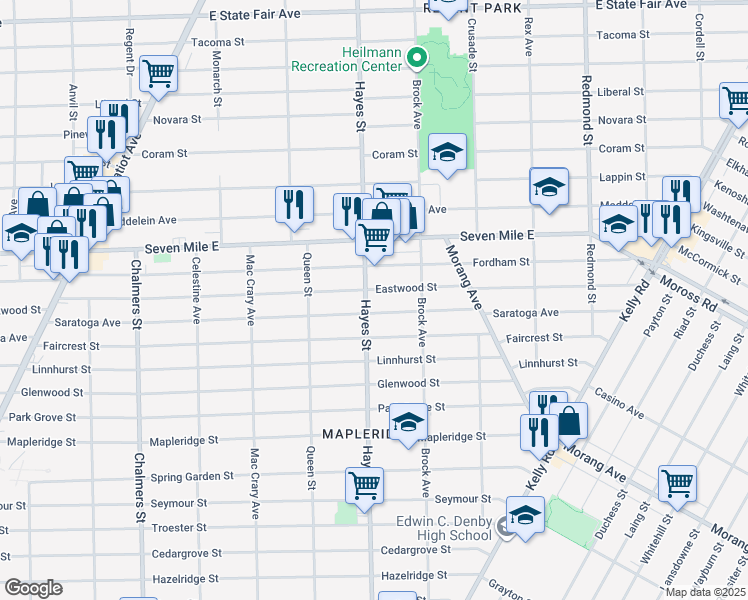 map of restaurants, bars, coffee shops, grocery stores, and more near 18820 Hayes Street in Detroit