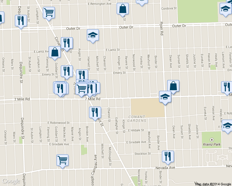 map of restaurants, bars, coffee shops, grocery stores, and more near 19130 Gallagher Street in Detroit