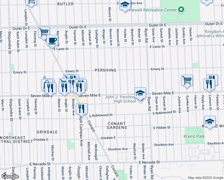 map of restaurants, bars, coffee shops, grocery stores, and more near 19129 Revere Street in Detroit