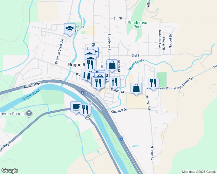 map of restaurants, bars, coffee shops, grocery stores, and more near 213 East Main Street in Rogue River