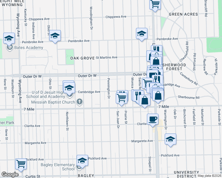 map of restaurants, bars, coffee shops, grocery stores, and more near 19310 Pennington Drive in Detroit